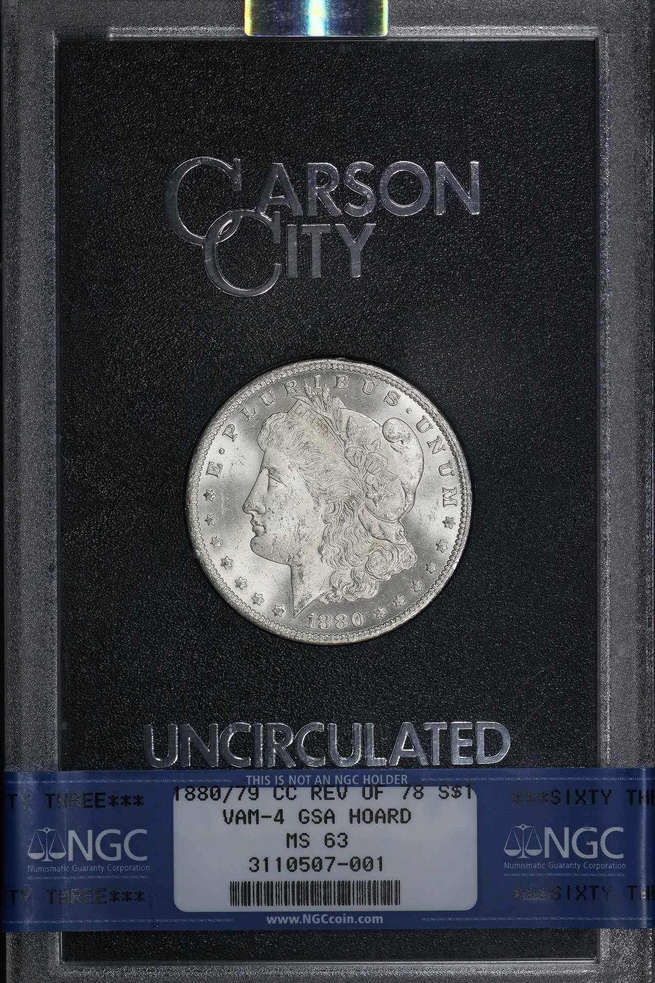 Obverse of this 1880/79-CC Top-100 Morgan Dollar VAM-4 Reverse of 1878 GSA Hoard NGC MS-63 GSA Hard Pack With Box