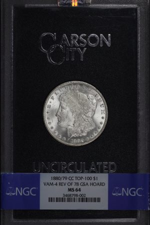 Obverse of this 1880/79-CC Top-100 Morgan Dollar VAM-4 Reverse of 1878 GSA Hoard NGC MS-64 GSA Hard Pack With Box