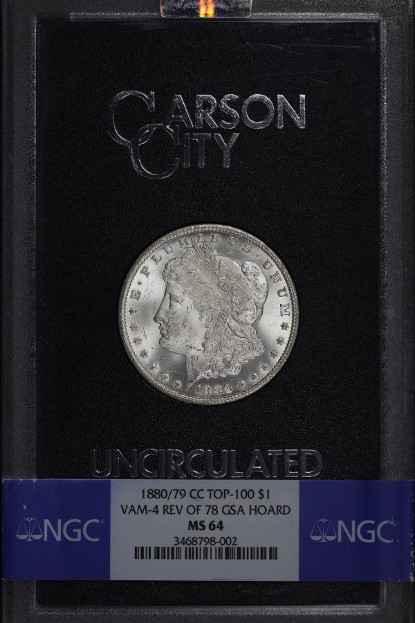 Obverse of this 1880/79-CC Top-100 Morgan Dollar VAM-4 Reverse of 1878 GSA Hoard NGC MS-64 GSA Hard Pack With Box