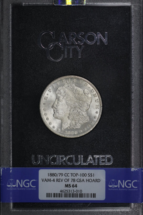 Obverse of this 1880/79-CC Top-100 Morgan Dollar VAM-4 Reverse of 1878 NGC MS-64 GSA Hard Pack With Box