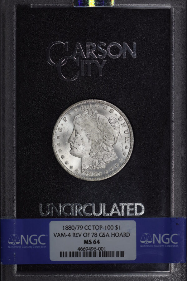 Obverse of this 1880/79-CC Top-100 Morgan Dollar VAM-4 Reverse of 1878 NGC MS-64 GSA Hard Pack With Box