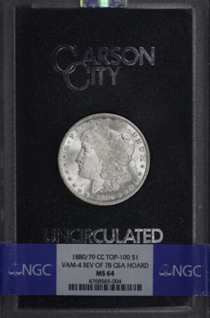 Obverse of this 1880/79-CC Top-100 Morgan Dollar VAM-4 Reverse of 1878 NGC MS-64 GSA Hard Pack With Box