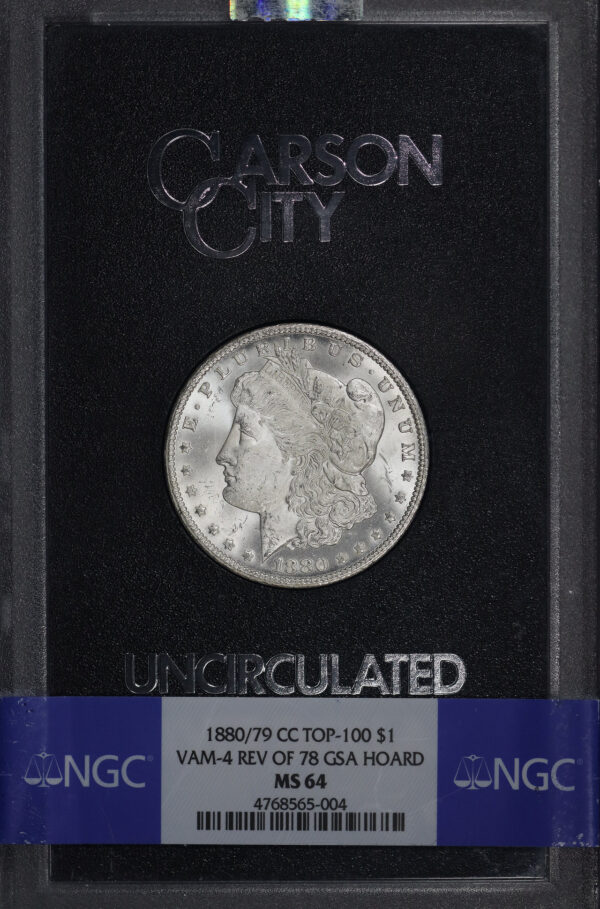 Obverse of this 1880/79-CC Top-100 Morgan Dollar VAM-4 Reverse of 1878 NGC MS-64 GSA Hard Pack With Box