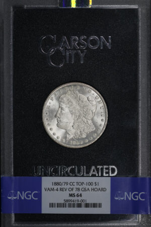 Obverse of this 1880/79-CC Top-100 Morgan Dollar VAM-4 Reverse of 1878 NGC MS-64 GSA Hard Pack With Box