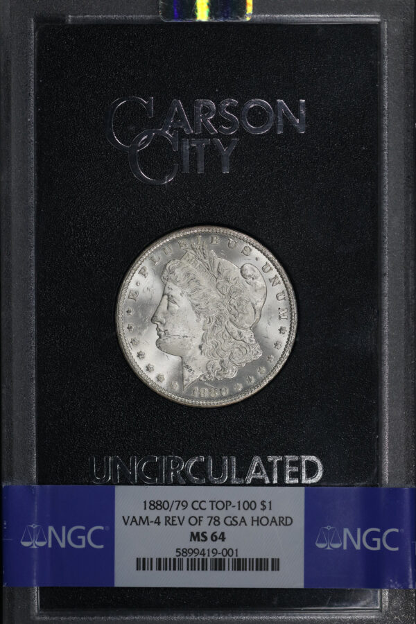 Obverse of this 1880/79-CC Top-100 Morgan Dollar VAM-4 Reverse of 1878 NGC MS-64 GSA Hard Pack With Box