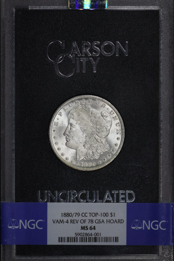 Obverse of this 1880/79-CC Top-100 Morgan Dollar VAM-4 Reverse of 1878 NGC MS-64 GSA Hard Pack With Box