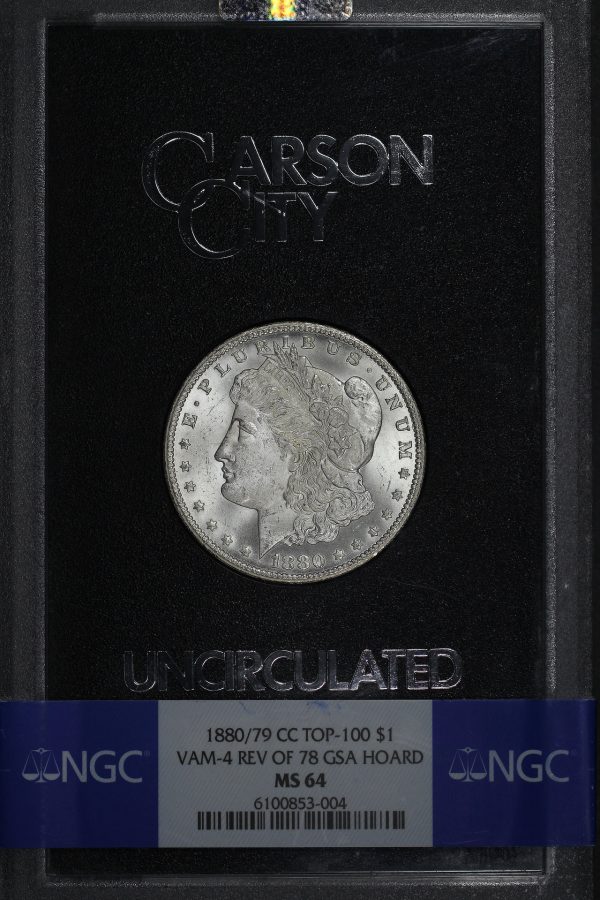 Obverse of this 1880/79-CC Top-100 Morgan Dollar VAM-4 Reverse of 1878 NGC MS-64 GSA Hard Pack With Box 