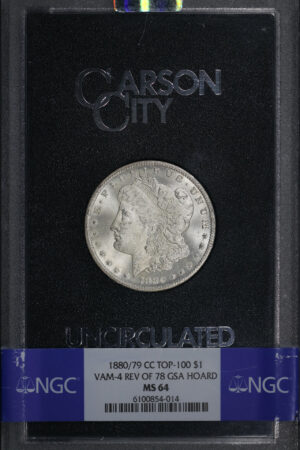 Obverse of this 1880/79-CC Top-100 Morgan Dollar VAM-4 Reverse of 1878 NGC MS-64 GSA Hard Pack With Box