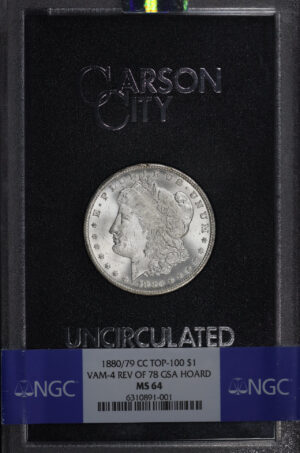 Obverse of this 1880/79-CC Top-100 Morgan Dollar VAM-4 Reverse of 1878 NGC MS-64 GSA Hard Pack With Box