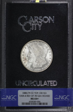 Obverse of this 1880/79-CC Top-100 Morgan Dollar VAM-4 Reverse of 1878 GSA Hoard $1 NGC MS-64+