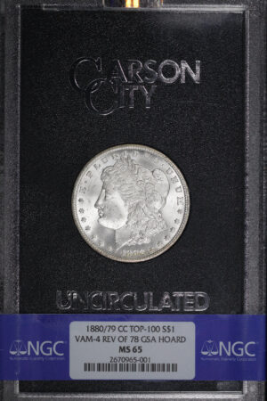 Obverse of this 1880/79-CC Top-100 VAM-4 Rev Of 78 Morgan Dollar NGC MS-65 GSA Hard Pack With Box
