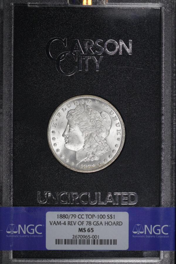 Obverse of this 1880/79-CC Top-100 VAM-4 Rev Of 78 Morgan Dollar NGC MS-65 GSA Hard Pack With Box
