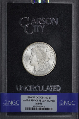 Obverse of this 1880/79-CC Top-100 Morgan Dollar VAM-4 Reverse of 1878 NGC MS-65 GSA Hard Pack With Box