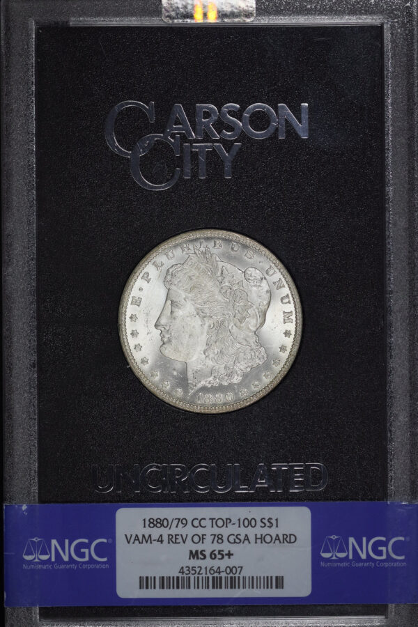 Obverse of this 1880/79-CC Top-100 Morgan Dollar NGC MS-65+ GSA Hard Pack With Box