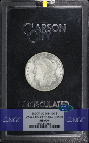 Obverse of this 1880/79-CC Top-100 Morgan Dollar VAM-4 Reverse of 1878 GSA Hoard NGC MS-66+ CAC