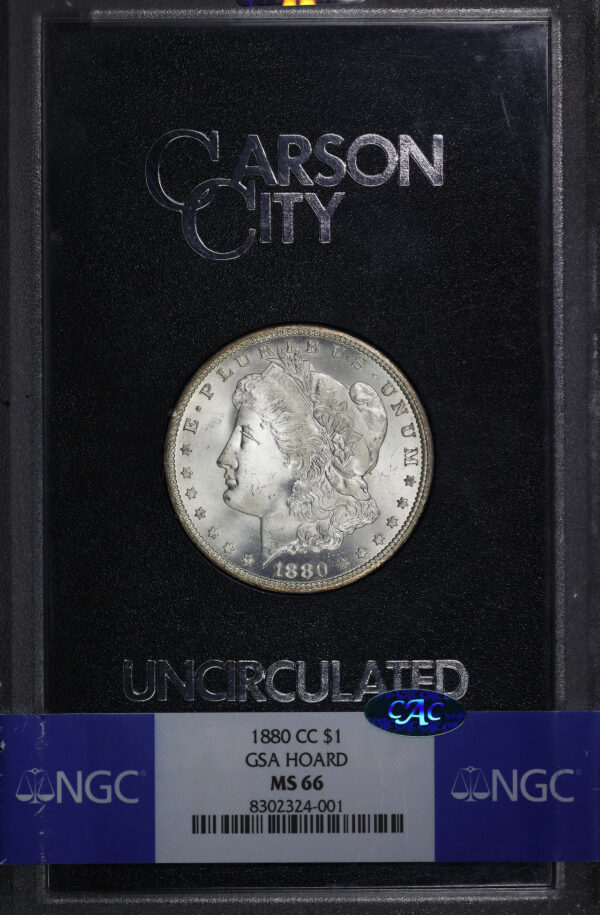 Obverse of this 1880-CC Morgan Dollar NGC MS-66 CAC GSA Hard Pack With Box