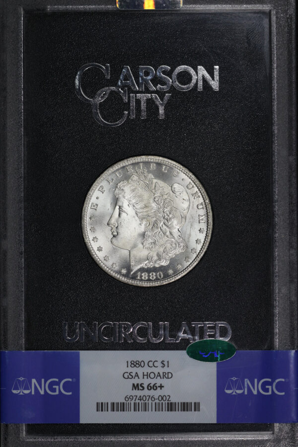 Obverse of this 1880-CC Morgan Dollar GSA Hoard NGC MS-66+ CAC GSA Hard Pack With Box