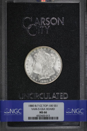 Obverse of this 1880-CC Morgan Dollar VAM-5 8/7 NGC MS-66 GSA Hard Pack With Box