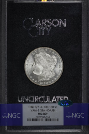 Obverse of this 1880-CC Top-100 Morgan Dollar 8/7 VAM-5 NGC MS-66+ CAC GSA Hard Pack With Box
