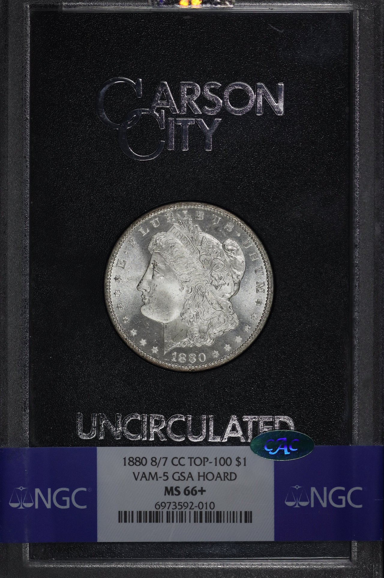 Obverse of this 1880-CC Top-100 Morgan Dollar 8/7 VAM-5 NGC MS-66+ CAC GSA Hard Pack With Box