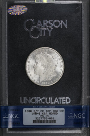 Obverse of this 1880-CC 8/7 Top-100 Morgan Dollar VAM-6 NGC MS-65 GSA Hard Pack With Box