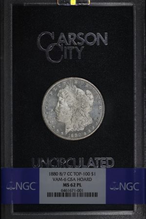Obverse of this 1880-CC 8/7 Top-100 Morgan Dollar VAM-6 NGC MS-62 PL GSA Hard Pack With Box