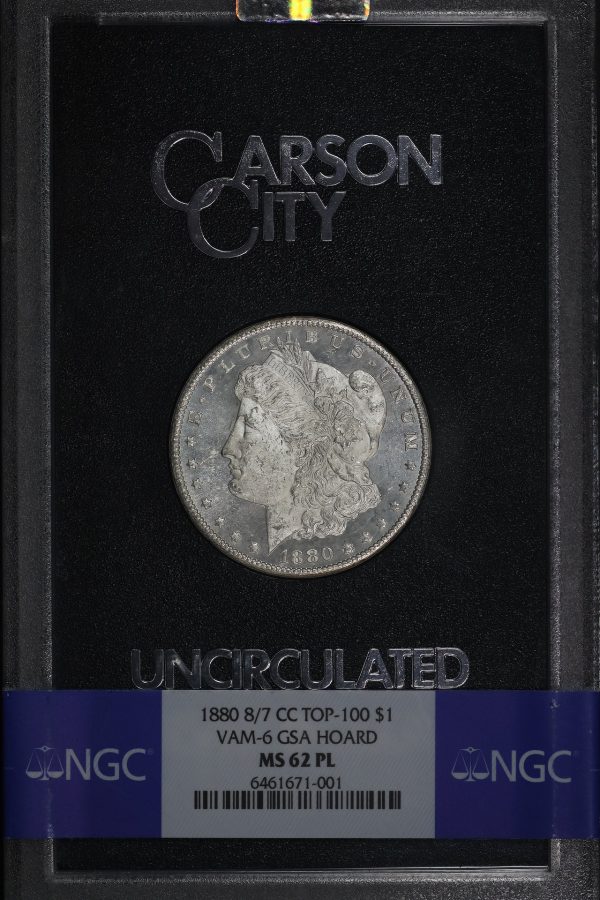 Obverse of this 1880-CC 8/7 Top-100 Morgan Dollar VAM-6 NGC MS-62 PL GSA Hard Pack With Box