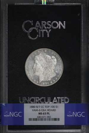 Obverse of this 1880-CC 8/7 Top-100 Morgan Dollar VAM-6 NGC MS-63 PL GSA Hard Pack With Box 
