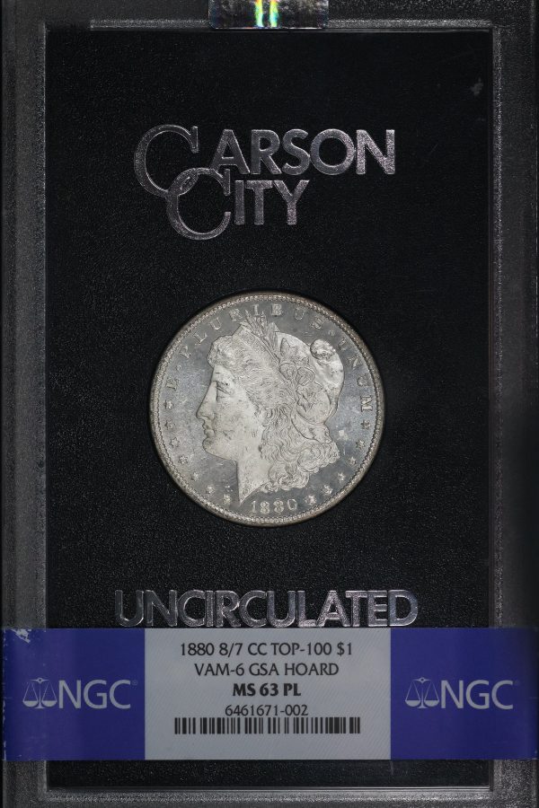 Obverse of this 1880-CC 8/7 Top-100 Morgan Dollar VAM-6 NGC MS-63 PL GSA Hard Pack With Box 