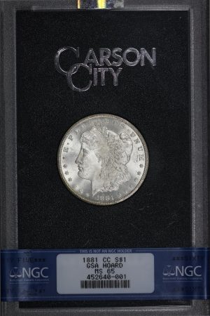 Obverse of this 1881-CC Morgan Dollar NGC MS-65 GSA Hard Pack With Box, Dark Rainbow Reverse Toning