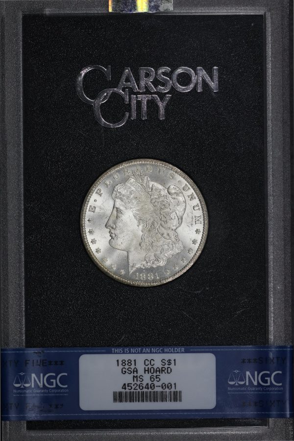 Obverse of this 1881-CC Morgan Dollar NGC MS-65 GSA Hard Pack With Box, Dark Rainbow Reverse Toning
