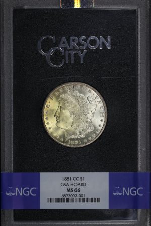 Obverse of this 1881-CC Morgan Dollar NGC MS-66 GSA Hard Pack With Box, Yellow Obverse & Pastel Reverse Toning