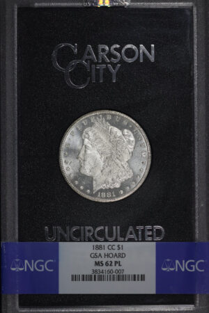 Obverse of this 1881-CC Morgan Dollar  NGC MS-62 PL GSA Hard Pack With Box