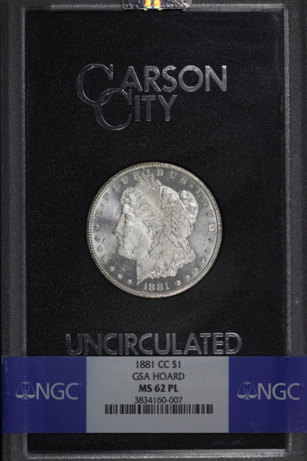 Obverse of this 1881-CC Morgan Dollar  NGC MS-62 PL GSA Hard Pack With Box