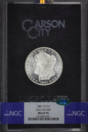 Obverse of this 1881-CC Morgan Dollar NGC MS-63 PL CAC GSA Hard Pack With Box
