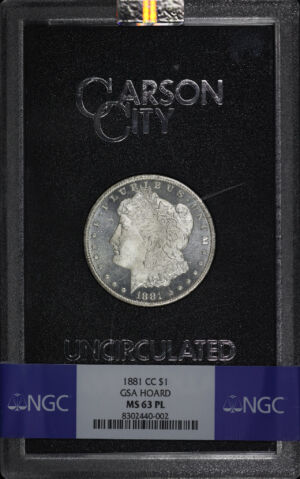 Obverse of this 1881-CC Morgan Dollar NGC MS-63 PL GSA Hard Pack With Box