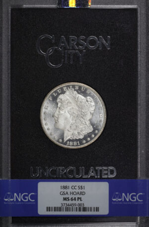 Obverse of this 1881-CC Morgan Dollar NGC MS-64 PL GSA Hard Pack With Box