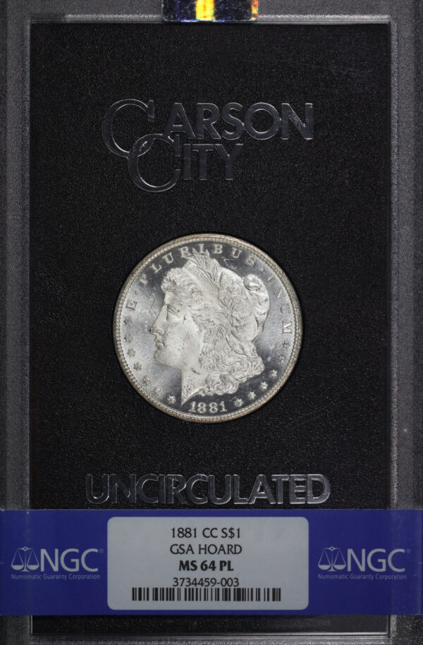 Obverse of this 1881-CC Morgan Dollar NGC MS-64 PL GSA Hard Pack With Box