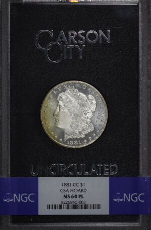 Obverse of this 1881-CC Morgan Dollar NGC MS-64 PL GSA Hard Pack With Box