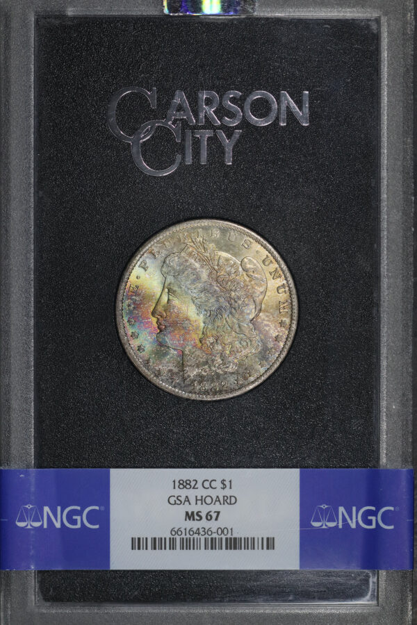 Obverse of this 1882-CC Morgan Dollar NGC MS-67 GSA Hard Pack With Box, Charcoal Rainbow Obverse Toning