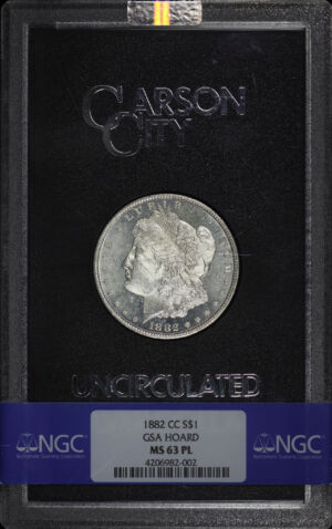 Obverse of this 1882-CC Morgan Dollar NGC MS-63 PL GSA Hard Pack With Box