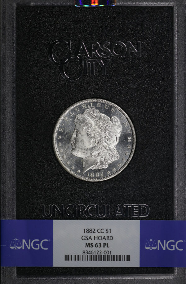 Obverse of this 1882-CC Morgan Dollar NGC MS-63 PL GSA Hard Pack With Box