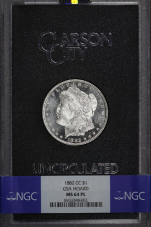 Obverse of this 1882-CC Morgan Dollar NGC MS-64 PL GSA Hard Pack With Box