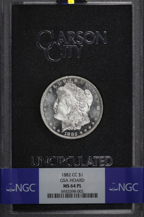 Obverse of this 1882-CC Morgan Dollar NGC MS-64 PL GSA Hard Pack With Box