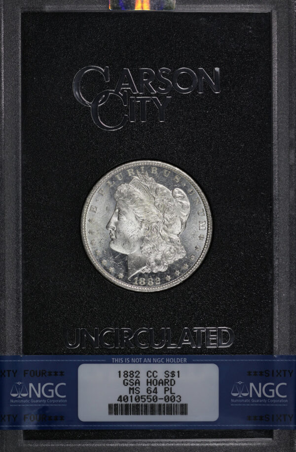 Obverse of this 1882-CC Morgan Dollar NGC MS-64 PL GSA Hard Pack With Box