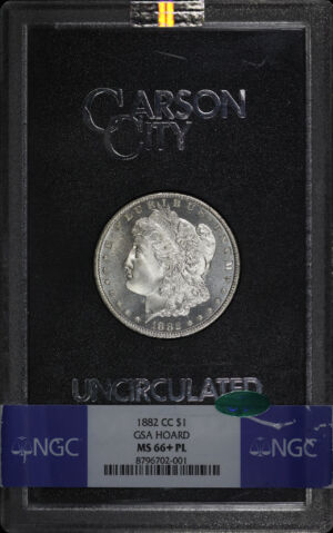 Obverse of this 1882-CC Morgan Dollar GSA Hoard NGC MS-66+ PL CAC GSA Hard Pack With Box