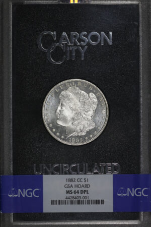 Obverse of this 1882-CC Morgan Dollar NGC MS-64 DMPL GSA Hard Pack With Box