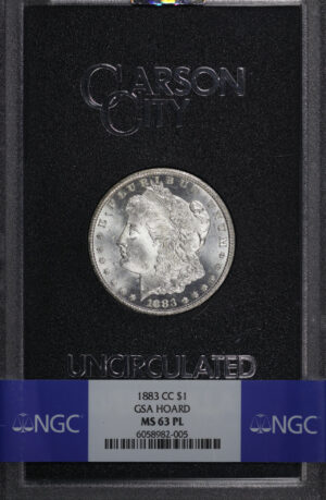 Obverse of this 1883-CC Morgan Dollar NGC MS-63 PL GSA Hard Pack With Box