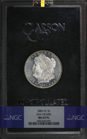 Obverse of this 1883-CC Morgan Dollar NGC MS-63 PL GSA Hard Pack With Box
