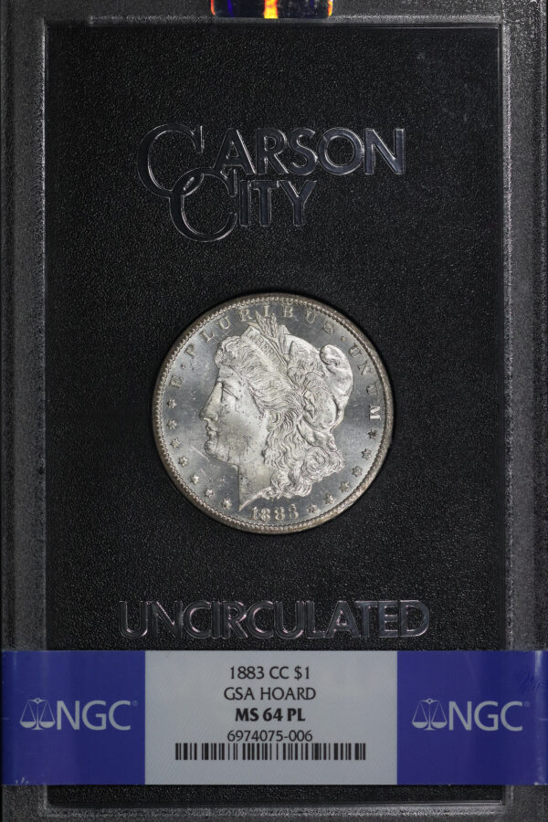 Obverse of this 1883-CC Morgan Dollar NGC MS-64 PL GSA Hard Pack With Box